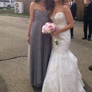 Gray tulle and lace gown